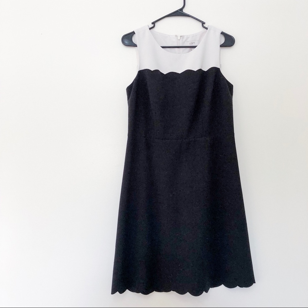 LOFT Black and White Scalloped Midi Dress